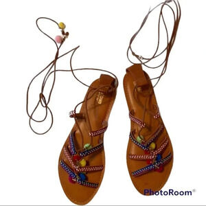 Mossimo Lace Up Boho Pompom Sandals 8.5